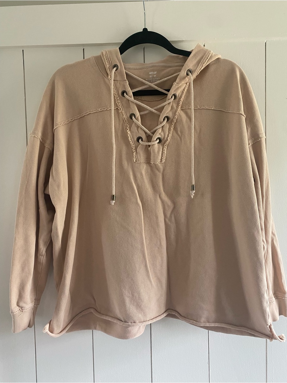 Aerie Lace Up V Neck Beige Hoodie